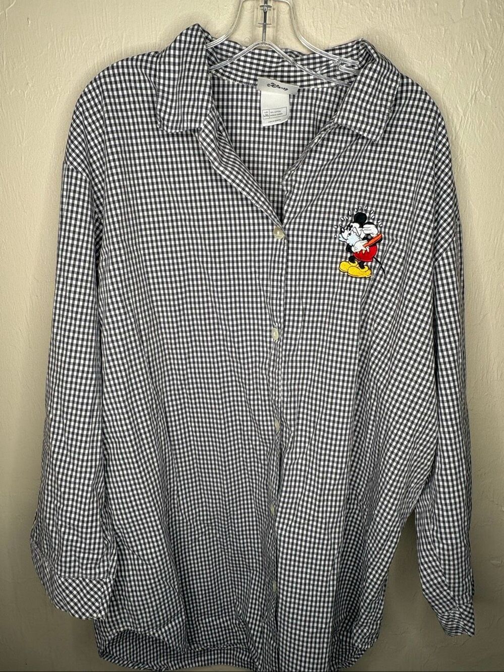 Vintage Walt Disney World Mickey Mouse Gingham Button-Up Shirt L/XL 100% Cotton1